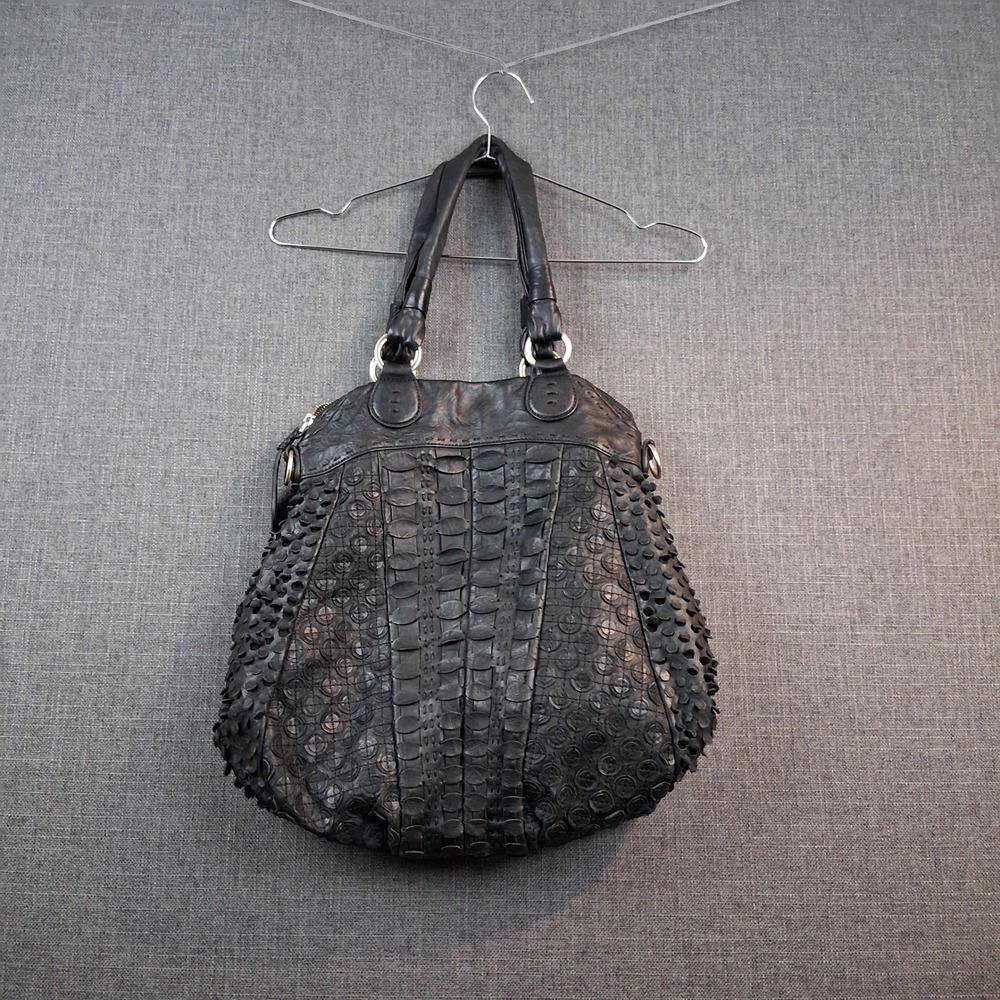 David & Scotti Black Textured Woven Leather Satchel Bag Italy Lime Green Lining